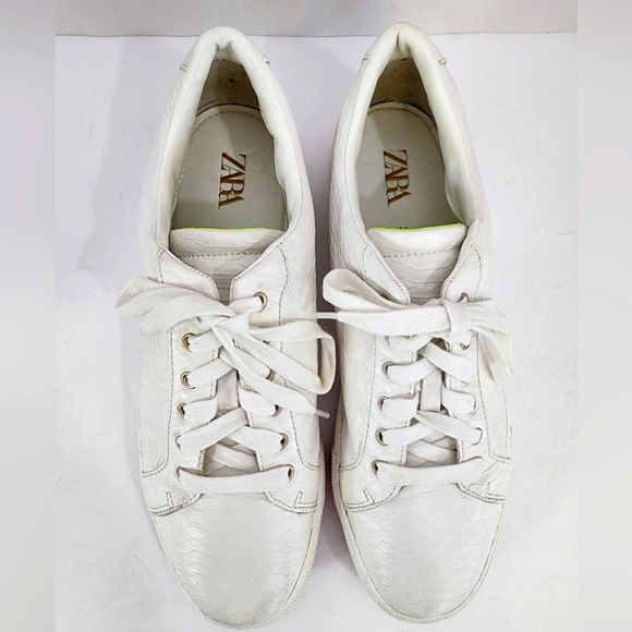 Zara Men's White Textured Lace Up Low Top Causal Sneakers Summer Shoes, sz 44 - Picture 3 of 12
